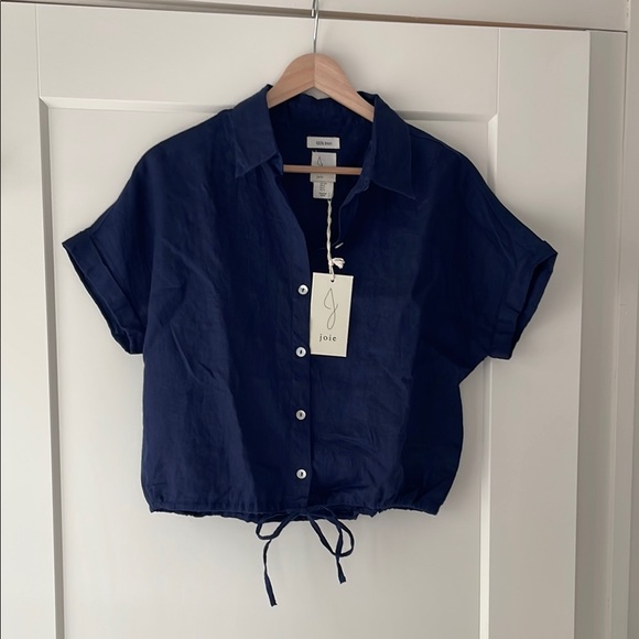 Joie Dark Blue Linen Short Sleeve Shirt - Picture 1 of 6